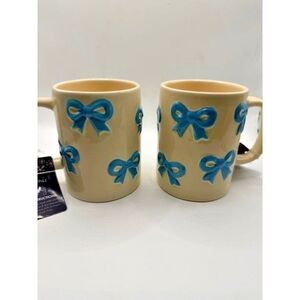 Ceramic Bow Coffee Mug Set Blue Ribbon Design Cute Gift Set 12oz New